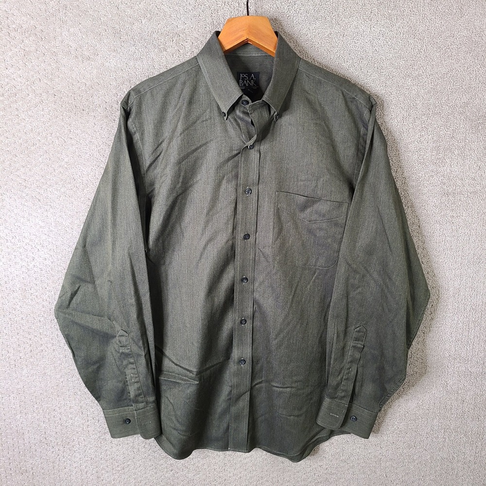Jos A Bank Shirt Mens Medium Green Traveler Collection Tailored Fit Herringbone